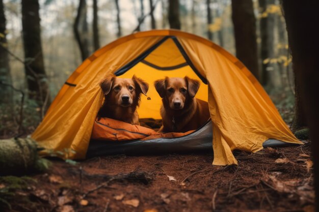 Deux chiens dans une tente dans les bois