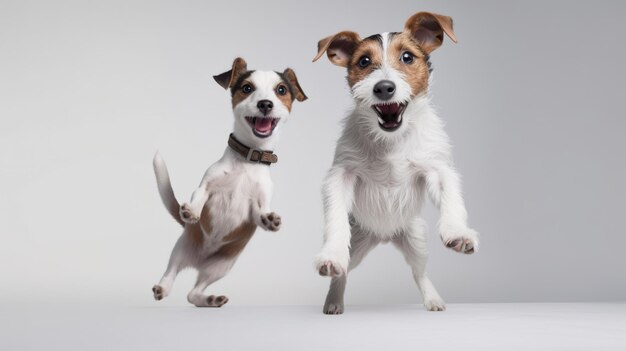 Deux chiens dansent et un porte un collier.