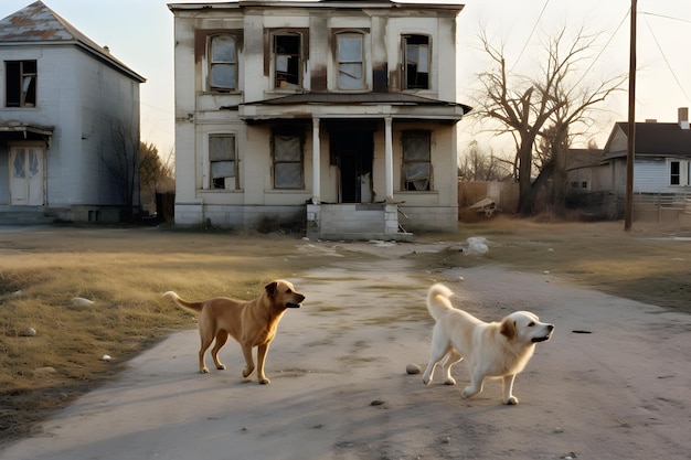Deux chiens devant une maison vide jouent généré ai
