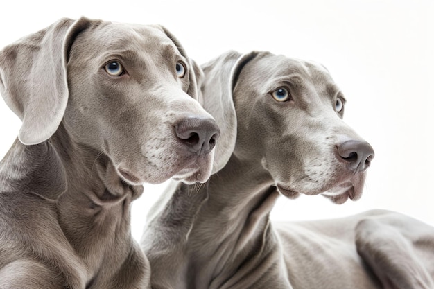 Photo deux chiens gris sereins assis élégamment devant une toile blanche regardant curieusement la caméra