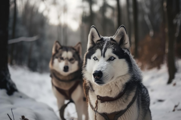 Les deux chiens husky en compétition dans la neige
