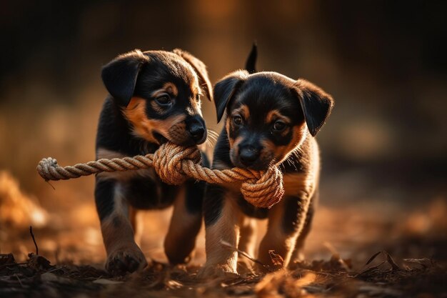 Photo deux chiens jouant avec une corde