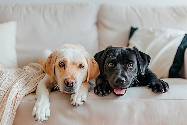 Photo deux chiens labrador sur le canapé