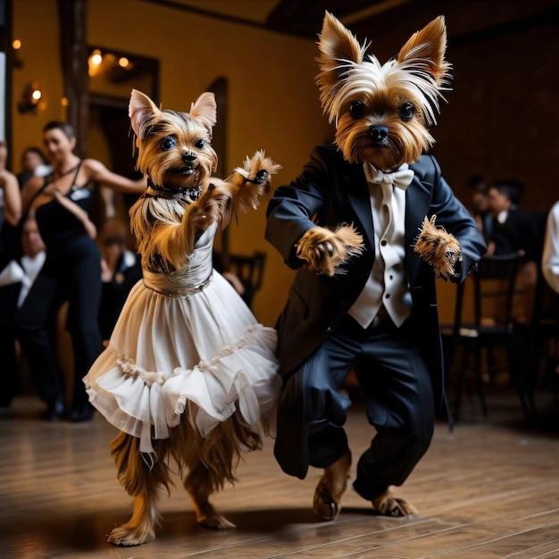 Deux chiens sur une piste de danse, l'un en smoking et l'autre en smoking.