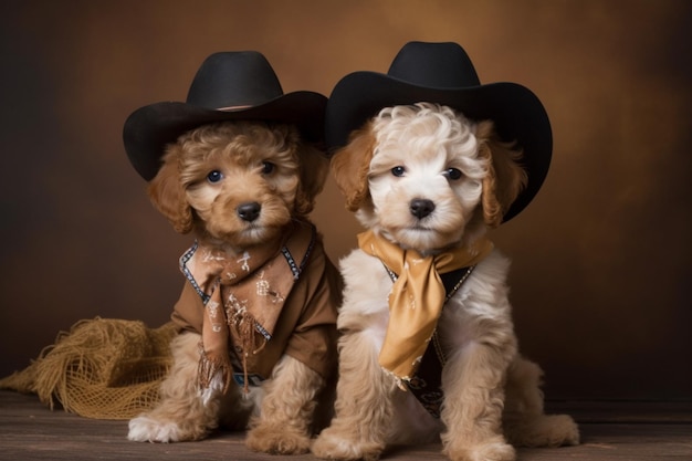Deux chiens portant des chapeaux de cow-boy sont assis côte à côte sur un fond marron.