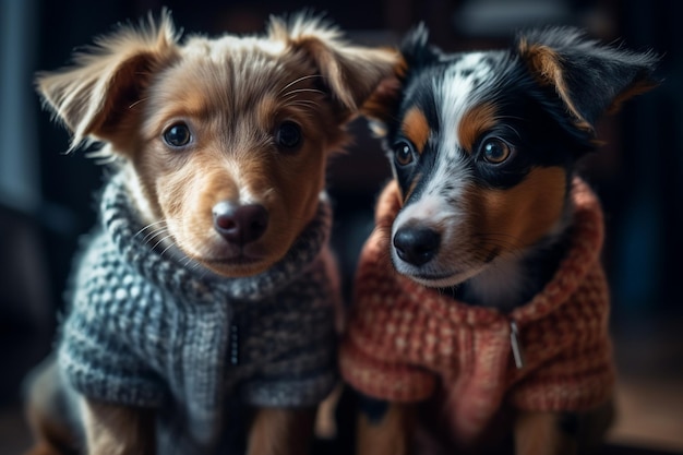 Deux chiens qui portent un pull. L'un a un pull.