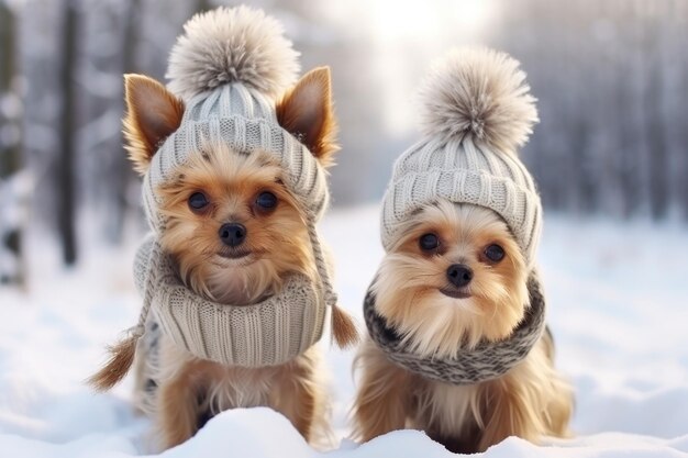 Photo deux chiens de la race yorkshire terrier sont assis dans des chapeaux tricotés dans la rue en hiver