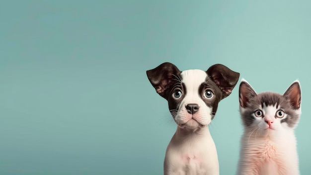 Deux chiens regardant la caméra avec un fond bleu