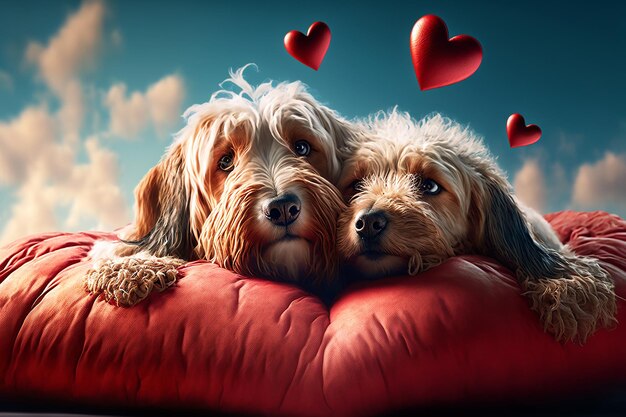 Deux chiens romantiques dormant sur un oreiller rouge en forme de coeur icônes de coeur volant autour de l'IA générative