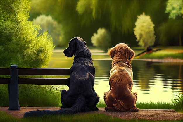 Deux chiens se reposant côte à côte dans un parc paisible créé avec une IA générative
