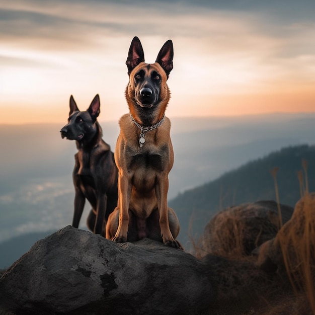 Deux chiens sont assis sur un rocher avec le soleil qui se couche derrière eux.