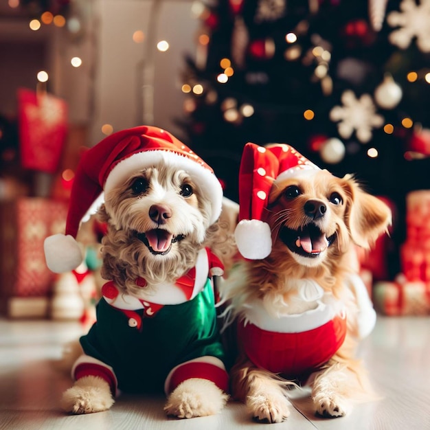 Deux chiens sont en position assise et portent des costumes de Noël pour Noël