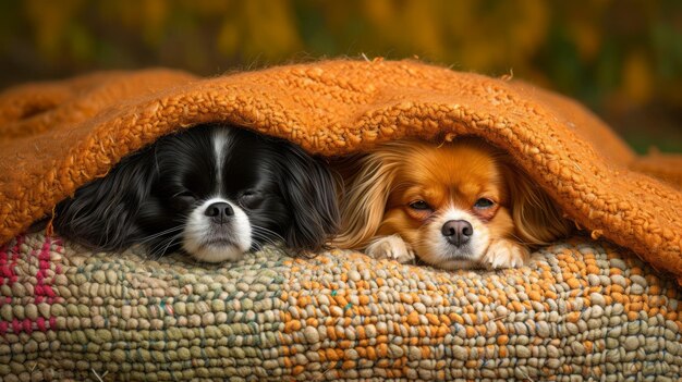 Deux chiens sous une couverture orange.