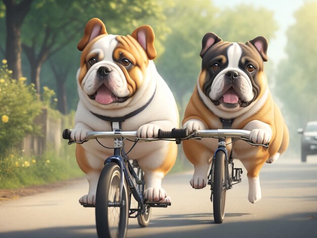 Deux chiens sur un vélo avec une peinture d'un bouledogue sur le devant.