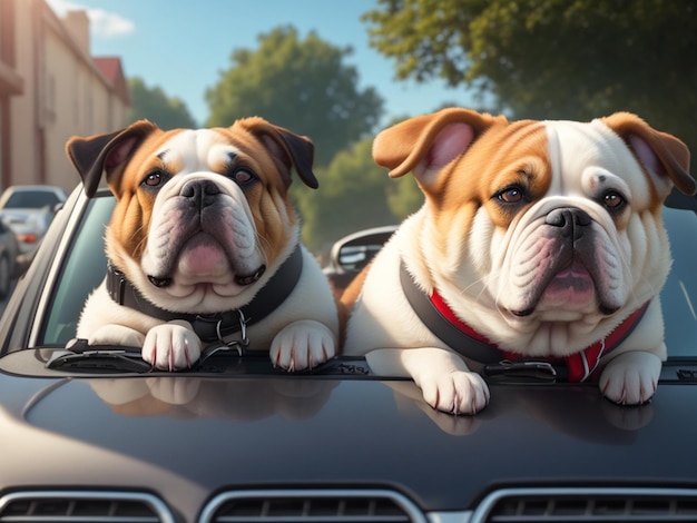 Deux chiens sur une voiture avec les mots "bulldog" sur le devant.