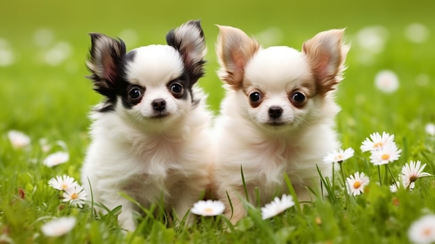 Photo deux chihuahuas dans l'herbe