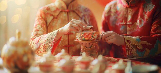 Photo deux chinois vêtus de thé chinois traditionnel et s'amusant lors de la cérémonie du thé chinois