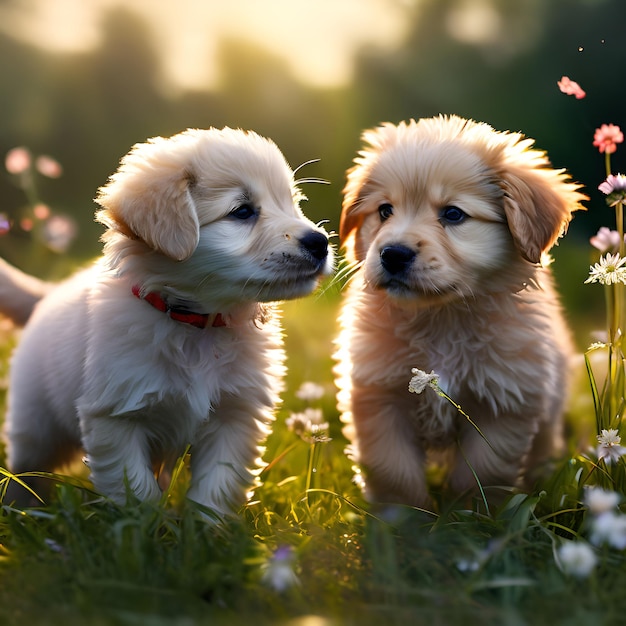 deux chiots dans un champ de fleurs avec le soleil derrière eux