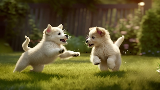 Deux chiots espiègles se poursuivant autour d'un gras généré par l'IA