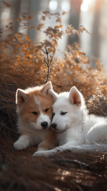 deux chiots étendus ensemble dans les bois