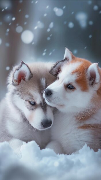 deux chiots husky se câlinent ensemble dans la neige