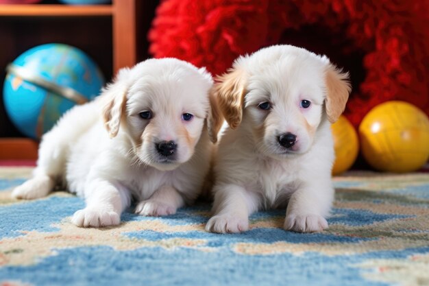 Deux chiots près d'un globe sur un tapis aux couleurs vives