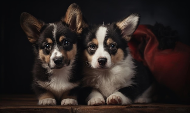 deux chiots sont assis sur une table l'un d'eux a une couverture rouge