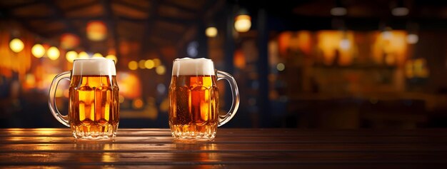 deux chopes de bière avec des épis de blé sur la table sur un fond flou bokeh d'un pub du soir