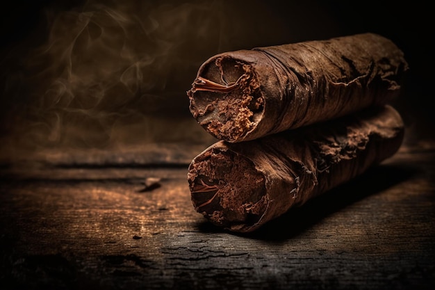 Deux cigares sur une table en bois avec le mot cigares en bas à droite.