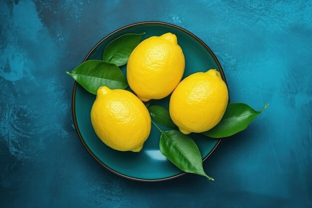 Deux citrons frais dans une assiette bleu foncé sur fond de béton turquoise Fond alimentaire Vue de dessus