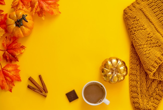 Deux citrouilles avec un Maple Leafs, café et écharpe sur fond jaune. Lay plat.