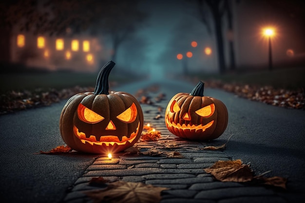 Deux citrouilles sur une route avec les mots halloween sur le devant.