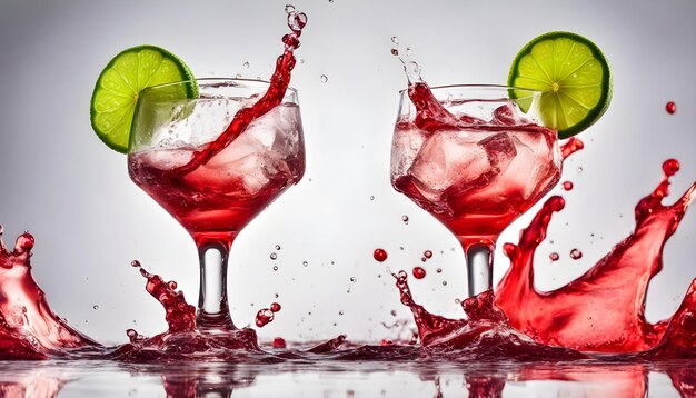 Deux cocktails d'alcool rouge avec des éclaboussures et de la citron vert isolés sur fond blanc