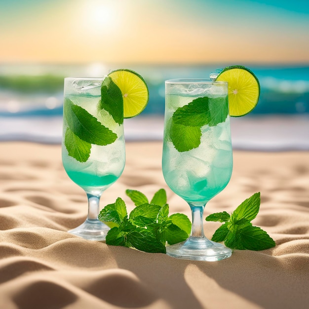 deux cocktails au citron vert glacé et à la menthe sur le sable au bord de la mer