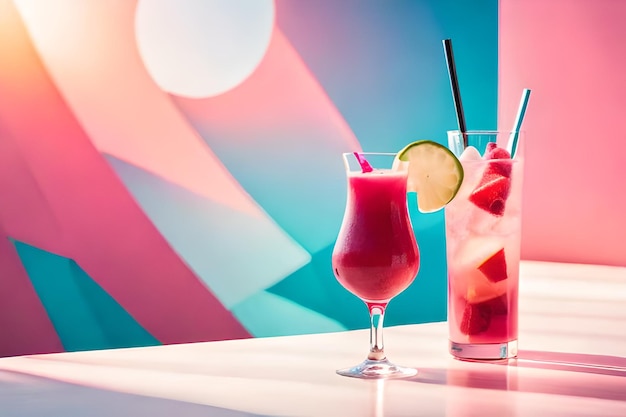 Deux cocktails sur un bar avec un fond coloré