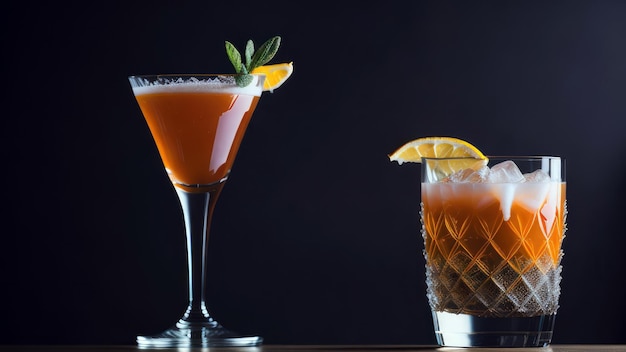 Deux cocktails sur un bar à fond noir