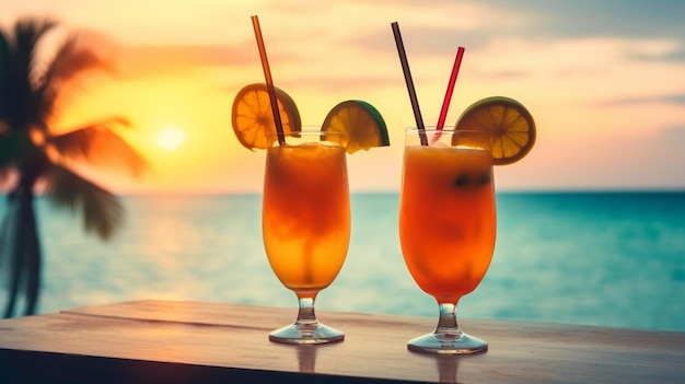 Deux cocktails sur un bar avec vue sur l'océan