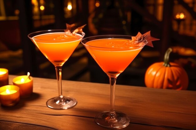 Deux cocktails à la citrouille sur le bar avec une citrouille pour une fête d'Halloween Boissons de vacances