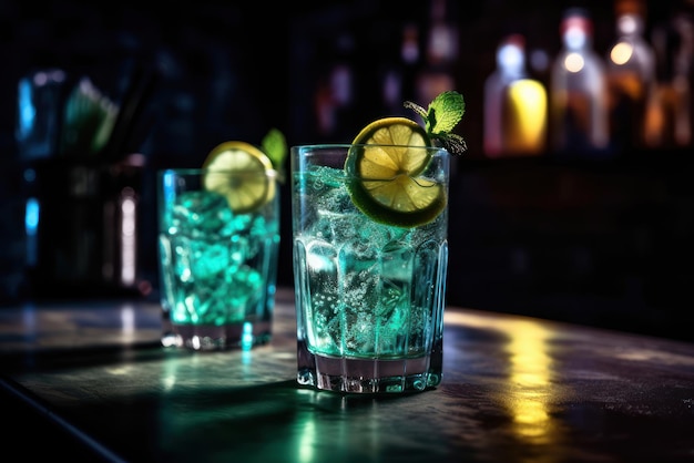 Deux cocktails sur un comptoir de bar avec des limes et des limes