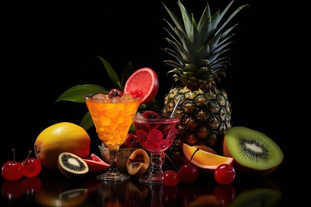 Deux cocktails et des fruits exotiques sur fond noir