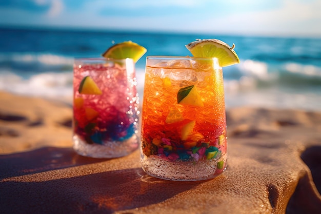 Photo deux cocktails sur la plage avec l'océan en arrière-plan