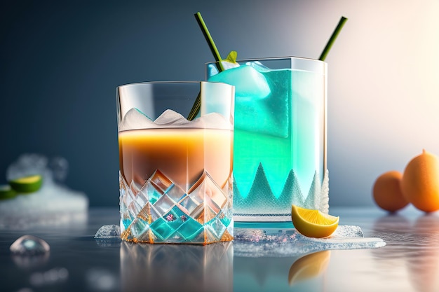 Deux cocktails sur une table avec des boissons bleues et brunes restent sur une surface de glace
