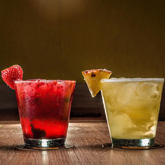 Deux cocktails sur une table dont un avec une fraise dessus.