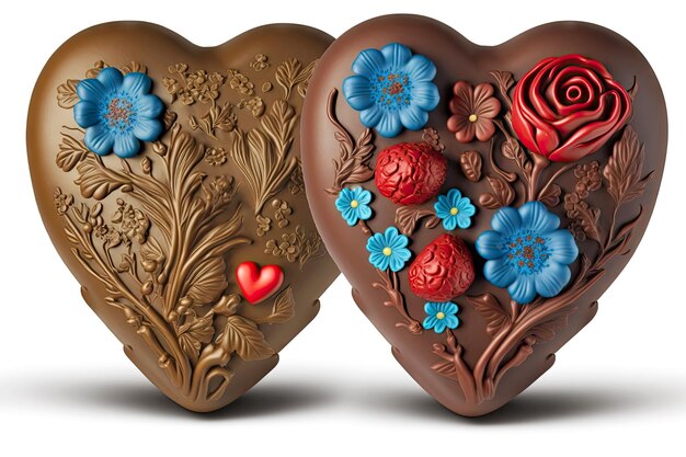 Deux coeurs en chocolat décorés de fleurs rouges et bleues créées avec une IA générative