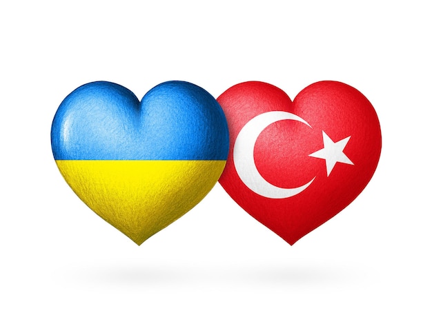 Deux coeurs de drapeau Drapeaux de l'Ukraine et de la Turquie Deux coeurs aux couleurs des drapeaux