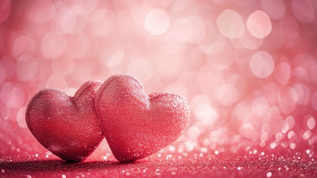 Deux cœurs étincelants sur un fond rose flou Jour de la Saint-Valentin Copier l'espace IA générative