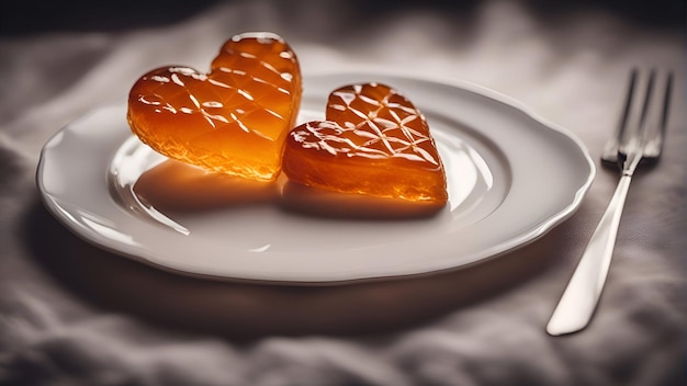 Deux cœurs de marmelade sur une assiette avec une fourchette et un couteau