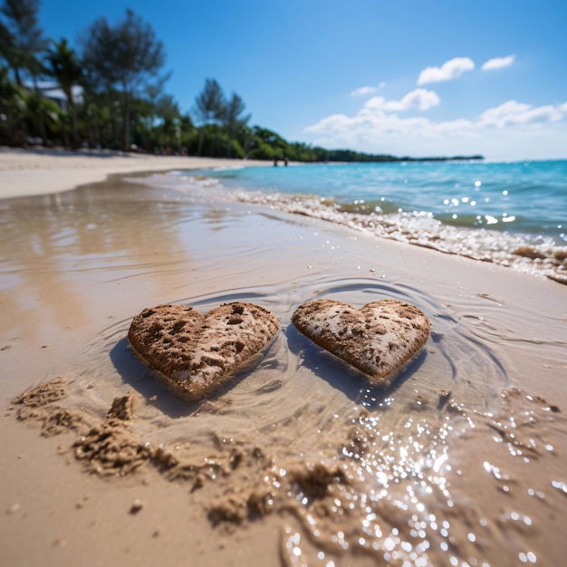 Deux cœurs sur la plage dans l'eau Cœur comme symbole d'affection et d'amour