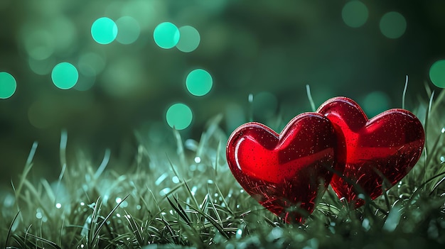 Deux cœurs rouges sur de l'herbe verte