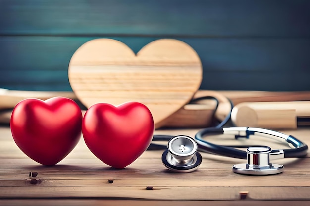 Photo deux coeurs rouges sur une table avec un stéthoscope et un stéthoscope